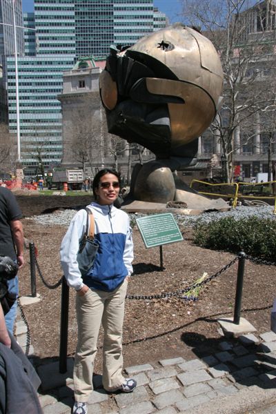 Statue that once presided at World Trade Centre. Now damaged, it stands as a memorial at Battery Park